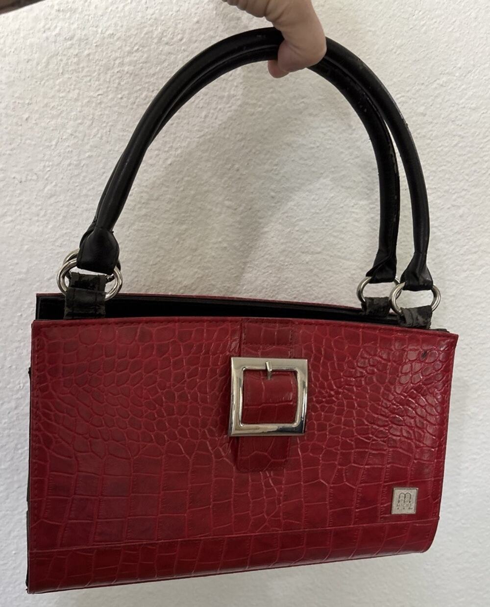 Miche Satchel Purse Red Alligator Crocodile Print Double Handle Black Footed